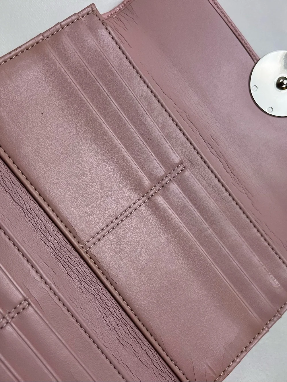 Coach Y2K era Blush Pink Tri-Fold Wallet with Round Silver C Emblem Buckle